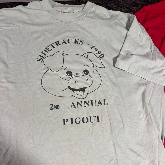 Vintage 1990 Lot of 2 Single Stitch Pig Graphic Sidetracks Tshirts Green Red XXL - Picture 3 of 12